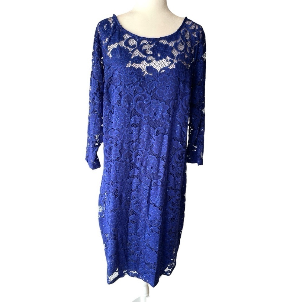 Candalite Women's Plus Size Blue Formal Evening Lace Glitter Prom Dress, Sz 3X